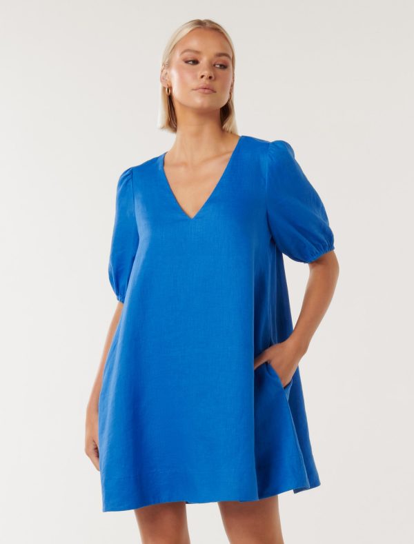 Forever New Women's Millie V-Neck Swing Dress in Blue Pigment, Size 8 Linen/Viscose