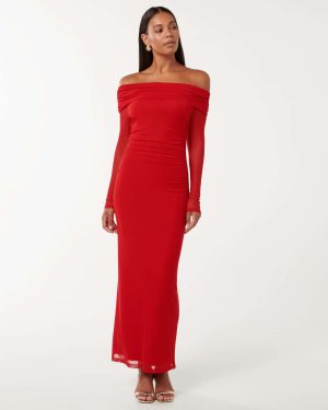 Forever New Women's Minnie Mesh Bardot Midi Dress in Red, Size 10 Polyester/Elastane/Polyester