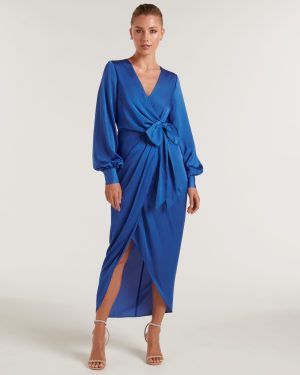 Forever New Women's Mirella Wrap Satin Midi Dress in Blue Atmosphere, Size 6 Main/Polyester