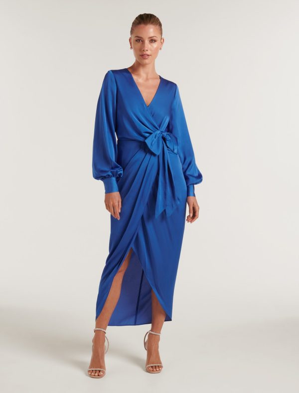 Forever New Women's Mirella Wrap Satin Midi Dress in Blue Atmosphere, Size 6 Main/Polyester