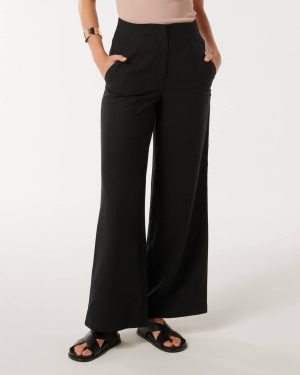 Forever New Women's Mona Wide-Leg Pants in Black, Size 10 Lyocell/Linen/Viscose