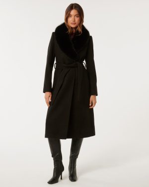 Forever New Women's Monica Faux Fur Collar Wrap Coat in Black, Size 6 Polyester/Acrylic/Wool Faux fur