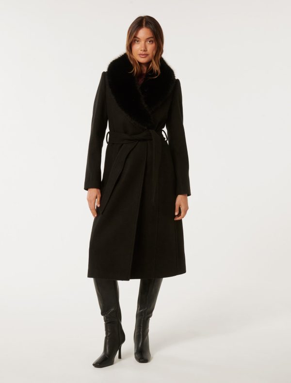 Forever New Women's Monica Faux Fur Collar Wrap Coat in Black, Size 6 Polyester/Acrylic/Wool Faux fur