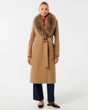 Forever New Women's Monica Fur Collar Wrap Coat in Mid Camel, Size 6 Polyester/Acrylic/Wool Faux fur