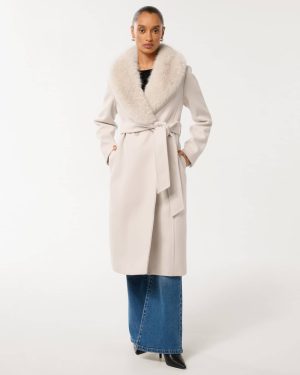 Forever New Women's Monica Petite Faux-Fur Collar Wrap Coat in Cream, Size 10 Polyester/Acrylic/Wool