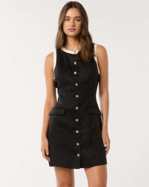 Forever New Women's Montana Contrast Mini Shift Dress in Black & Porcelain, Size 16 Linen/Viscose