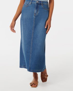 Forever New Women's Natalie Petite Denim Maxi Skirt in Mid Wash, Size 12 Cotton/Lyocell/Elastane