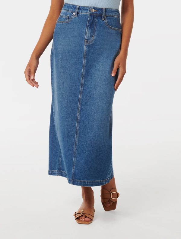 Forever New Women's Natalie Petite Denim Maxi Skirt in Mid Wash, Size 12 Cotton/Lyocell/Elastane