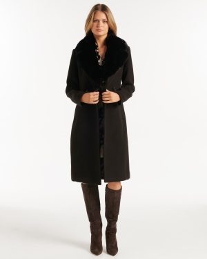 Forever New Women's Nina Double-Breasted Faux Fur Collar Coat in Black, Size 6 Polyester/Acrylic/Wool
