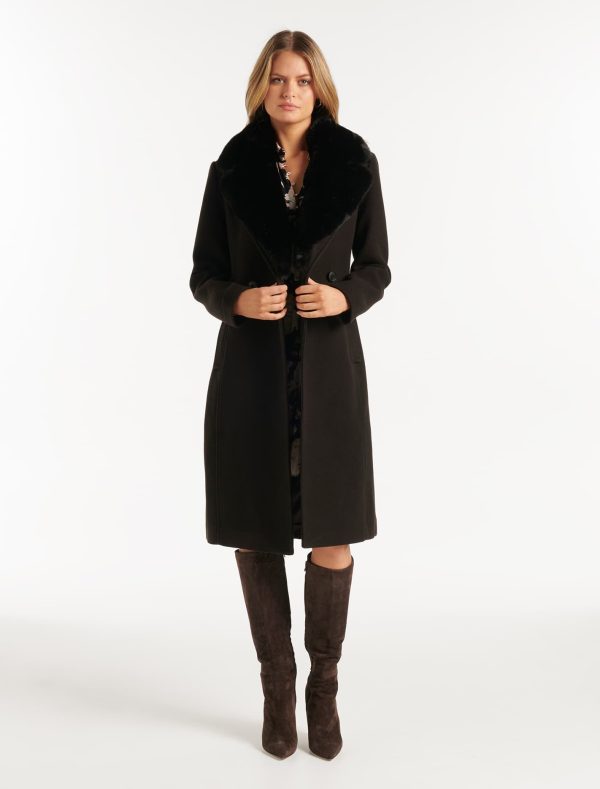 Forever New Women's Nina Double-Breasted Faux Fur Collar Coat in Black, Size 6 Polyester/Acrylic/Wool