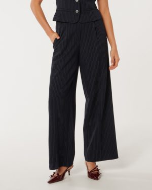 Forever New Women's Noa Pinstripe Wide-Leg Trousers in Navy Pinstripe Suit, Size 16 Polyester/Viscose/Elastane