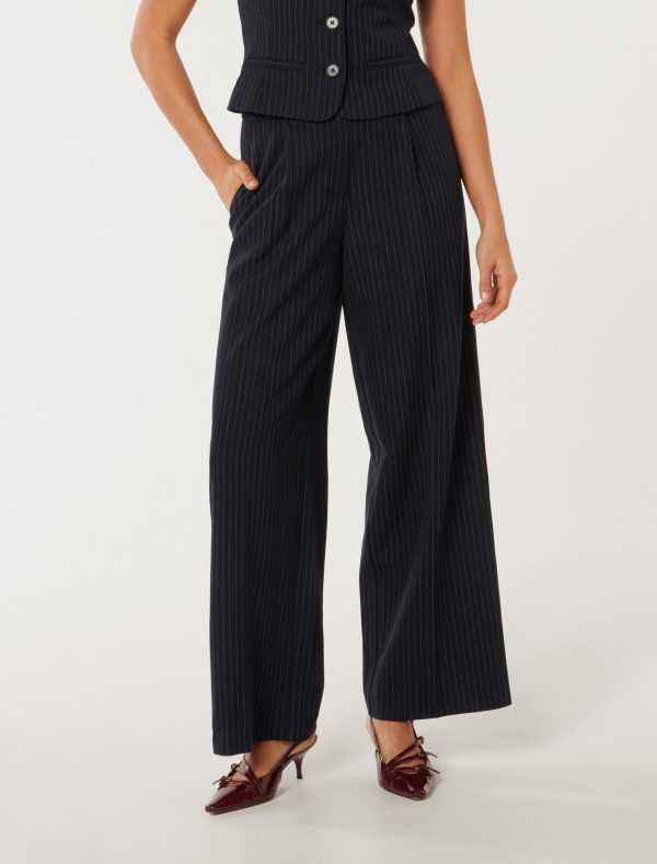 Forever New Women's Noa Pinstripe Wide-Leg Trousers in Navy Pinstripe Suit, Size 16 Polyester/Viscose/Elastane