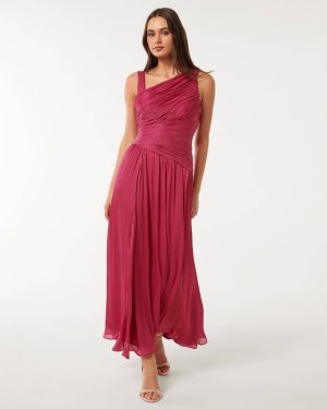 Forever New Women's Nya Metallic Asymmetrical Maxi Dress in Rumba Red, Size 4 Main/Polyester