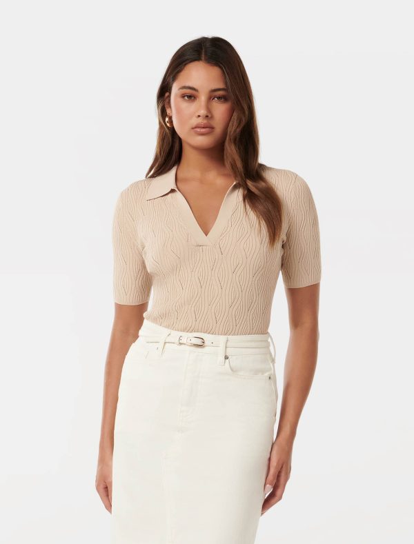 Forever New Women's Paris Short Sleeve Textured Knit Top in Stone, Size X-Small Viscose/Polyamide