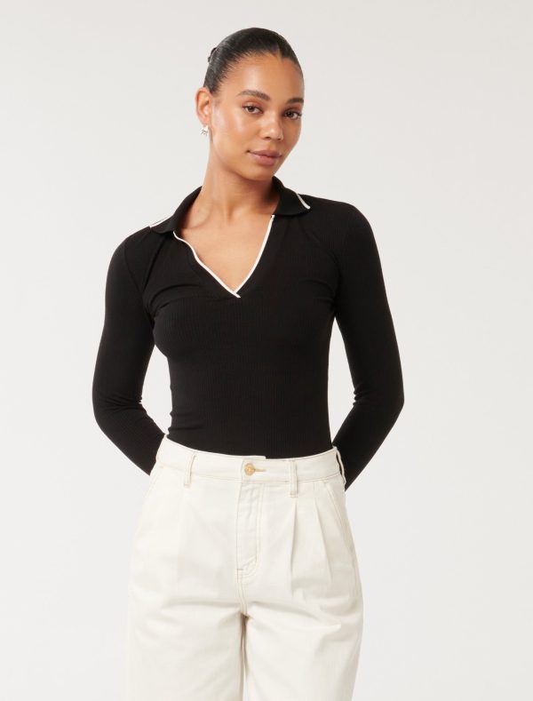 Forever New Women's Reina Contrast Long-Sleeve Polo Top in Black White, Size Large Viscose/Elastane/Viscose