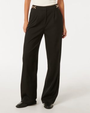 Forever New Women's Remi Trim Detail Straight-Leg Trousers in Black, Size 6 Polyester/Viscose/Elastane