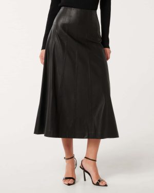Forever New Women's Renley Vegan Leather Midi Skirt in Black, Size 14 100% Polyester with Polyurethane coating