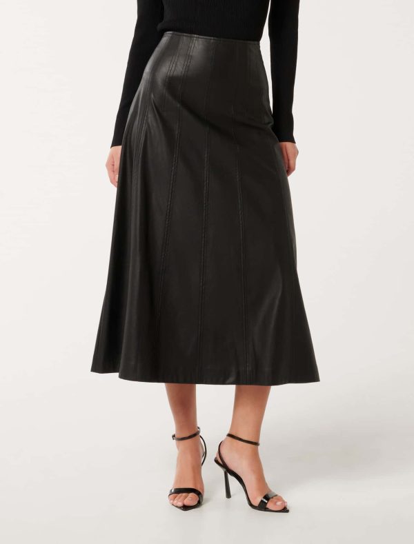 Forever New Women's Renley Vegan Leather Midi Skirt in Black, Size 14 100% Polyester with Polyurethane coating
