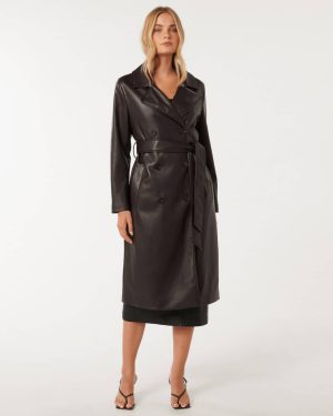 Forever New Women's Ronnie Vegan Leather Trench Coat in Chocolate, Size 12 Polyester with Polyurethane coating/Polyester/Elastane