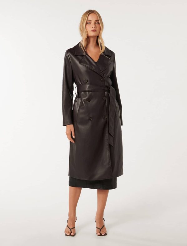 Forever New Women's Ronnie Vegan Leather Trench Coat in Chocolate, Size 12 Polyester with Polyurethane coating/Polyester/Elastane