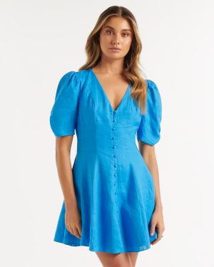 Forever New Women's Rowan Linen Tea Dress in Vivid Cornflower, Size 8 Linen/Viscose