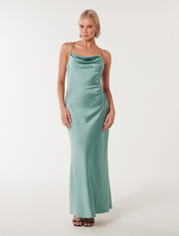 Forever New Women's Ruby Tie-Back Satin Maxi Dress in Smoke Blue, Size 16 Main/Polyester