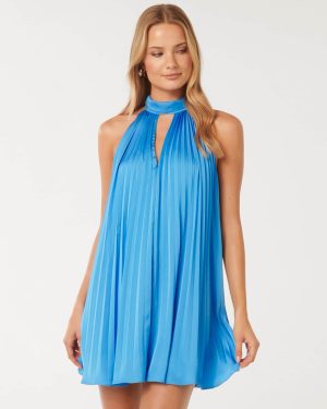 Forever New Women's Sammy Pleated Mini Swing Dress in Deep Maya, Size 14 Main/Polyester