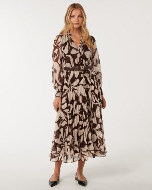 Forever New Women's Saskia Pleated Wrap Midi Dress in Brown Ari Abstract, Size 14 Main/Polyester