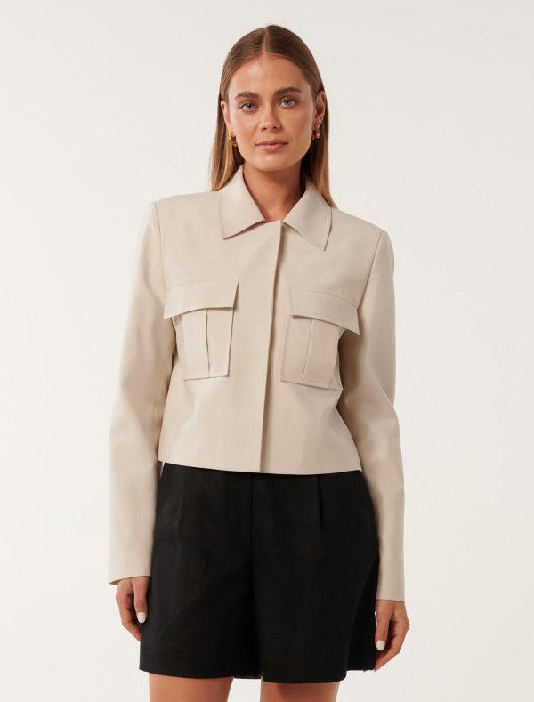 Forever New Women's Scarlett Utility Jacket in Cream, Size 14 Cotton/Polyamide/Lyocell Cotton