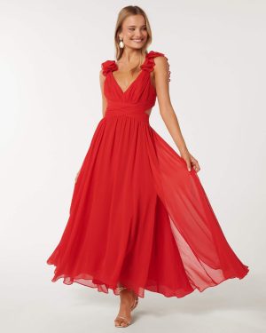 Forever New Women's Selena Ruffle-Shoulder Maxi Dress in Chilli Red, Size 14 Main/Polyester