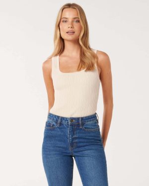 Forever New Women's Seville Rib Knit Tank Top in Sandstone, Size X-Small Viscose/Polyamide