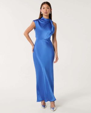 Forever New Women's Sienna High Neck Satin Maxi Dress in Blue Atmosphere, Size 6 Viscose/Polyamide/Polyester