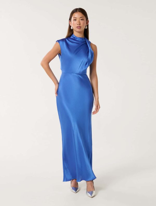 Forever New Women's Sienna High Neck Satin Maxi Dress in Blue Atmosphere, Size 6 Viscose/Polyamide/Polyester