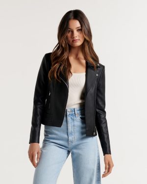 Forever New Women's Skye Vegan Leather Biker Jacket in Black, Size 6 Viscose/Polyester with Polyurethane coating/Cotton