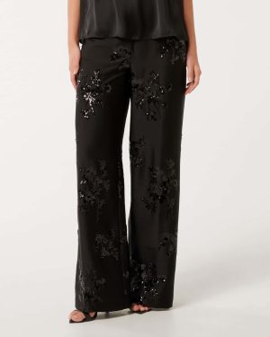 Forever New Women's Sonnie Sequin Wide-Leg Trousers in Black, Size 14 Polyester/Elastane