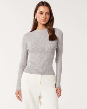 Forever New Women's Steph Embellished Knit Top in Silver, Size Small Viscose/Polyamide/Polyester