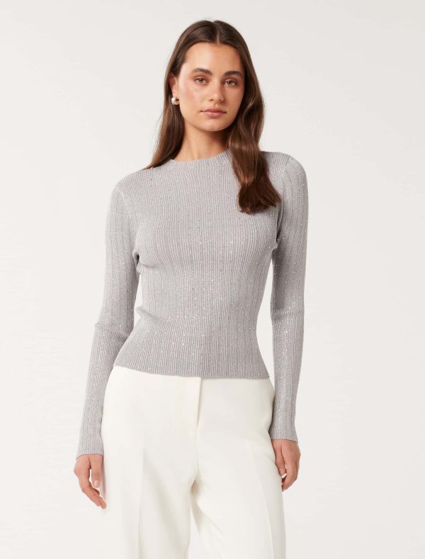 Forever New Women's Steph Embellished Knit Top in Silver, Size Small Viscose/Polyamide/Polyester