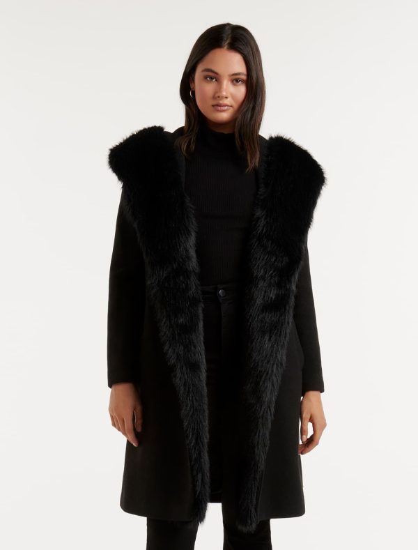 Forever New Women's Tilda Faux Fur Coat in Black, Size 14 Polyester/Wool/Polyester