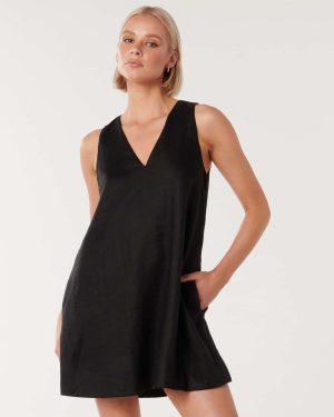 Forever New Women's Tottie Mini Swing Dress in Black, Size 4 Linen/Viscose