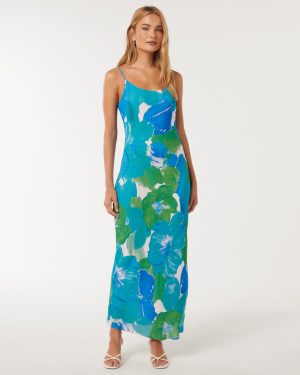 Forever New Women's Valentina Strappy Slip Dress in Blue Parker Floral, Size 12 Viscose/Polyester