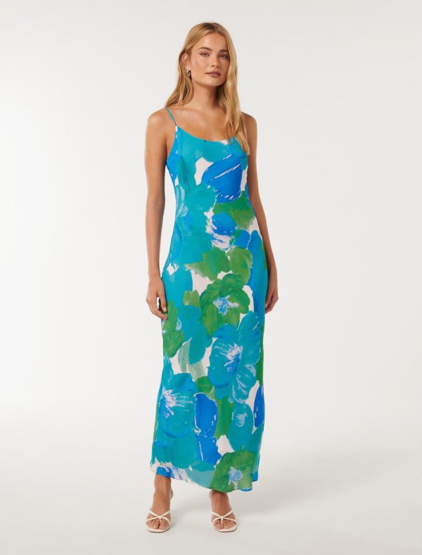 Forever New Women's Valentina Strappy Slip Dress in Blue Parker Floral, Size 12 Viscose/Polyester