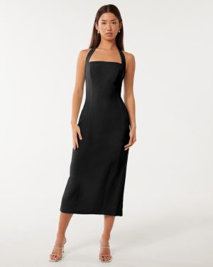 Forever New Women's Veronica Halter Bodycon Midi Dress in Black, Size 10 Polyester/Elastane/Polyester