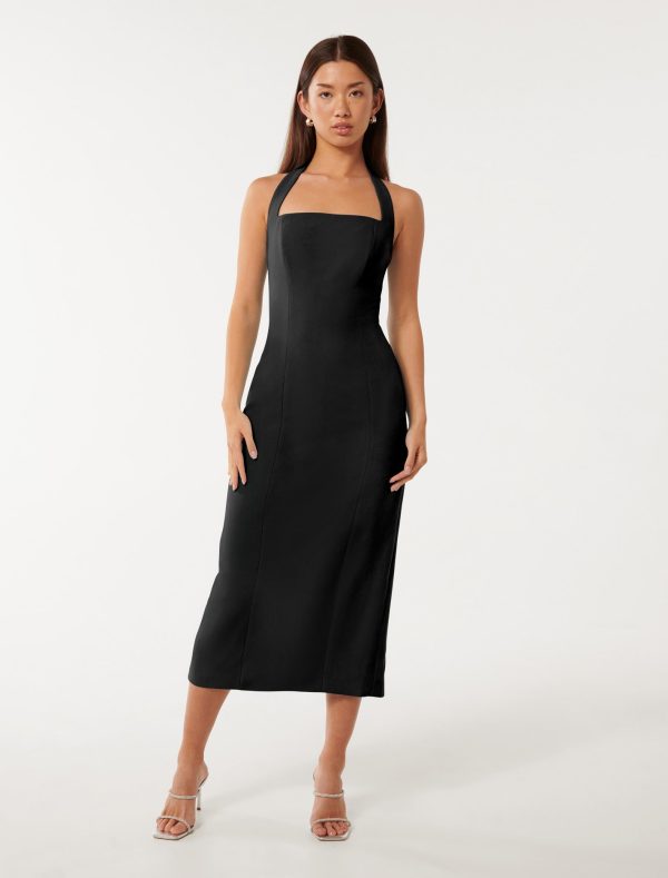 Forever New Women's Veronica Halter Bodycon Midi Dress in Black, Size 10 Polyester/Elastane/Polyester
