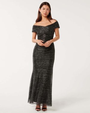 Forever New Women's Wilma Off Shoulder Plisse Maxi Dress in Silver, Size 16 Metallised Fibre/Polyester