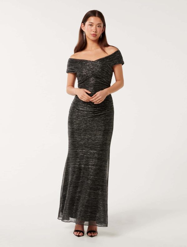 Forever New Women's Wilma Off Shoulder Plisse Maxi Dress in Silver, Size 16 Metallised Fibre/Polyester