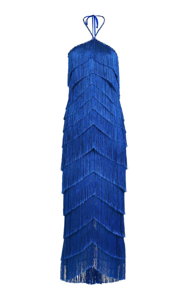 Francesca Miranda - Estrella Fringed Silk-Blend Maxi Halter Dress - Blue - US 8 - Moda Operandi