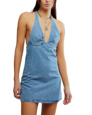 Free People Trevi Denim Plunge Halter Mini Dress