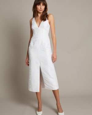 Frida Hand-Beaded Jacquard Pencil Wedding Dress Ivory