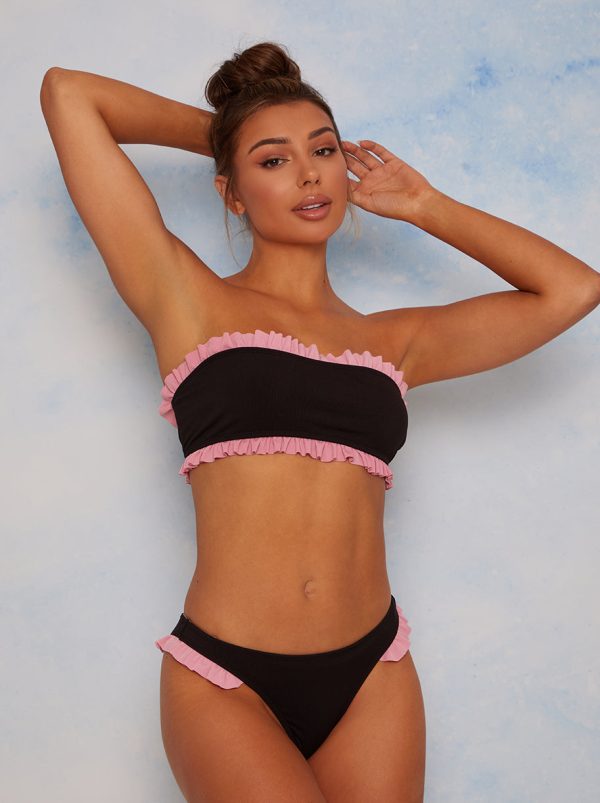 Frill Trim Bandeau Bikini Top in Black - S