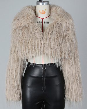 Fringed Faux Fur Cropped Coat V-neck Winter Jacket For Women 2025